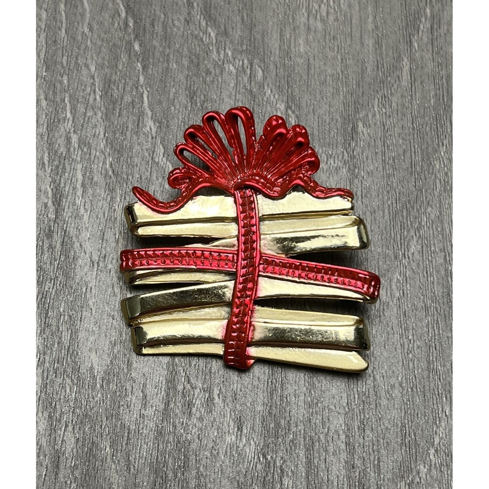 Vintage AJC Christmas Gift Present Brooch Pin Gold Red Holiday Enamel Jewelry‎